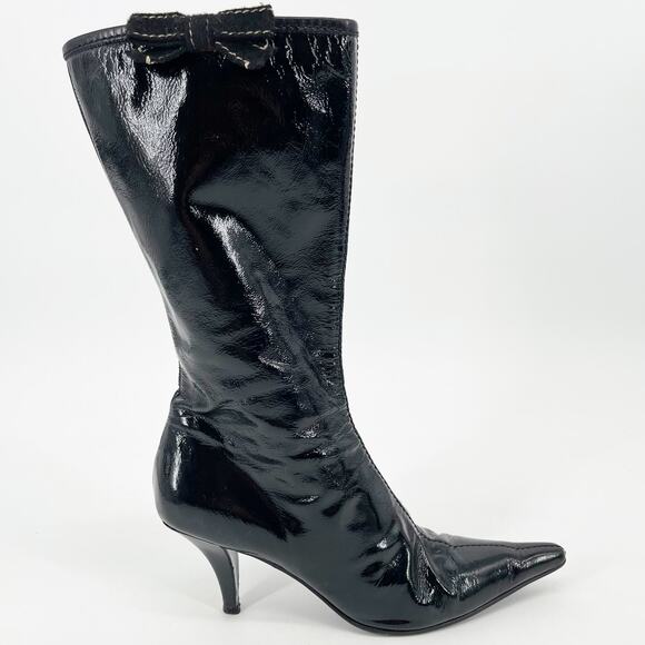 Vintage Miu Miu Black Patent Leather Pointed Toe Mid Calf Heel Boots IT 38.5 - Picture 2 of 13